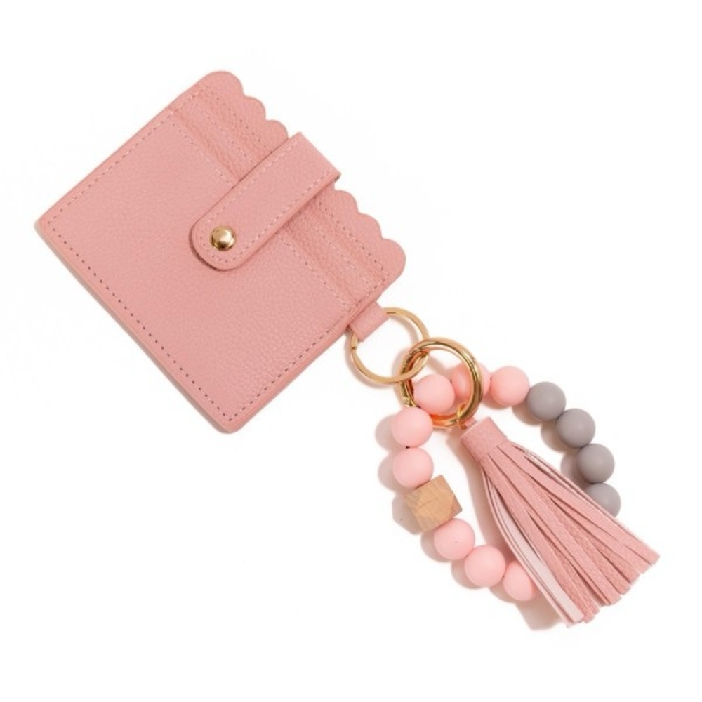 New blush beaded bracelet keyring with vegan leather wallet and tassel